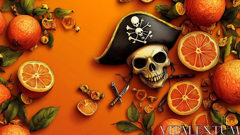 Pirate skull with oranges is arranged on vibrant orange background