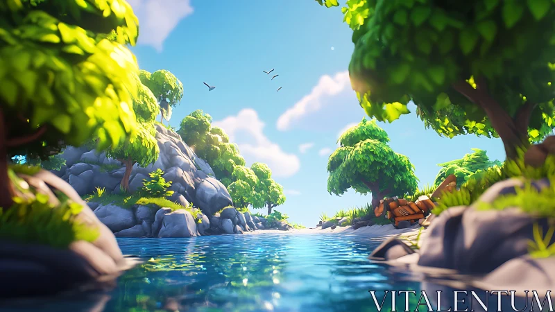 Tranquil River Oasis. Verdant Landscape with Cascading Foliage.