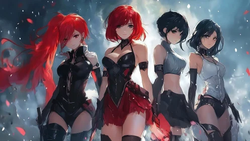 Four fierce anime heroines standing strong together.