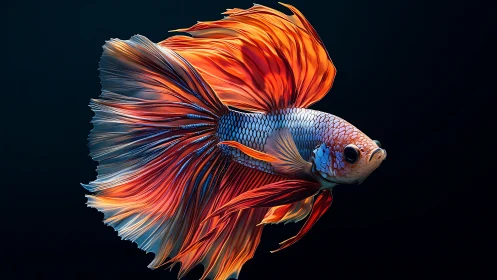 Radiant betta fish glides through deep shadowed water.
