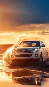 White SUV driving through shallow water at sunset.