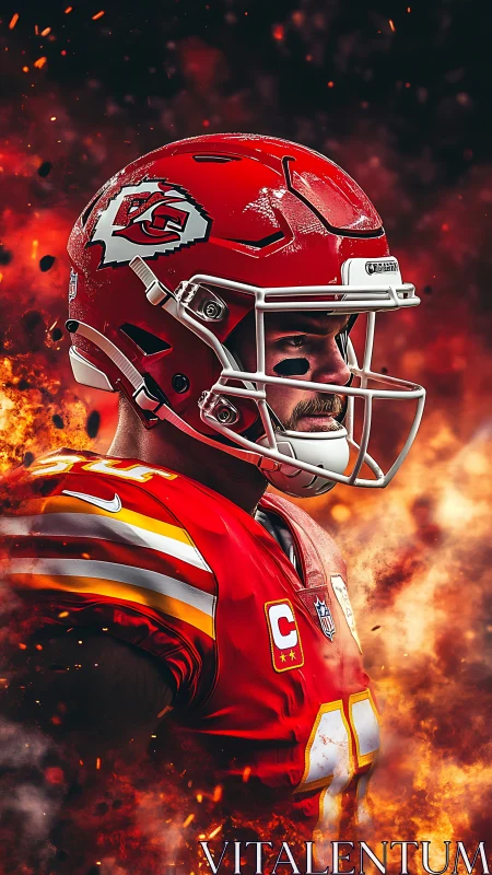 American football player in red uniform amid flames.