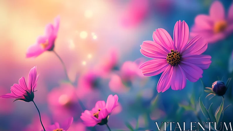 Vibrant cosmos flowers bloom in soft focus gradient light.