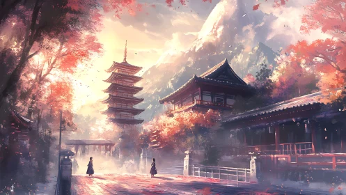 Mountain temple complex stands in misty autumn landscape