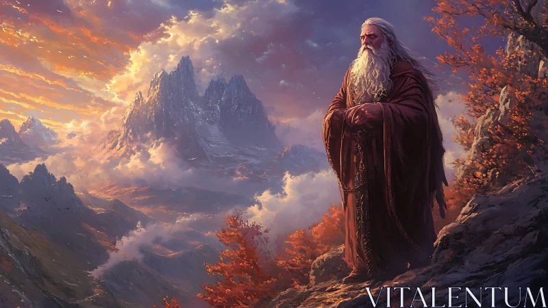 Mountain dusk crowns the wandering sage in ember robes