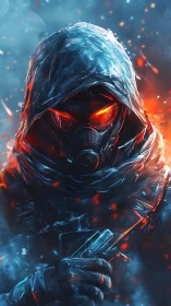 Hooded combat operative with glowing visor in icy ember storm