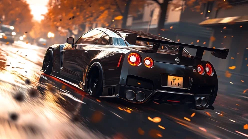 Glossy black sports coupe racing through wet autumn streets.