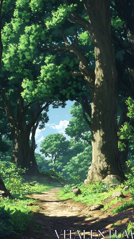 Path through dense forest canopy with mature trees