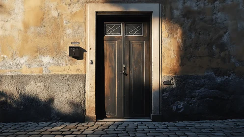 Sunlit wooden doorway punctuates textured urban facade