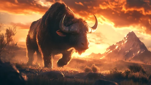 Majestic horned beast roaming warmly lit mountain plains.
