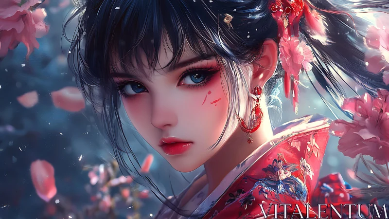 Digital portrait shows stylized woman in floral red attire