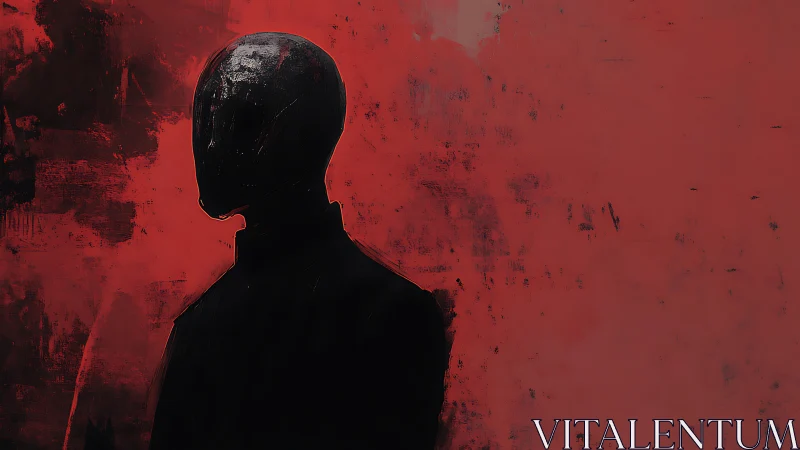 Faceless silhouette in crimson abstract digital composition.