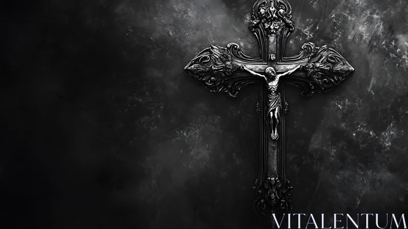 Ornate silver crucifix glowing gently on a dark stone wall.