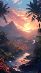 Sunlit tropical river valley under glowing mountain dusk.