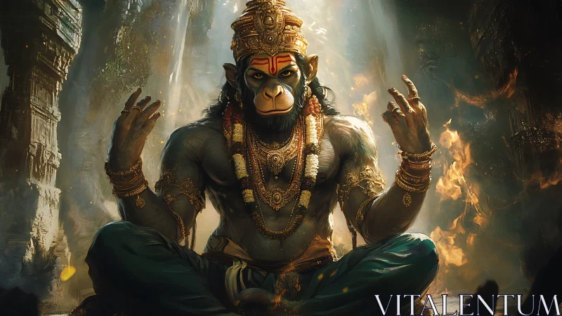 Simian sage crowns the firelit temple with fierce serenity