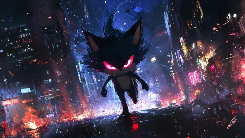 Neon-eyed shadow cat storms through chaotic cyber city.