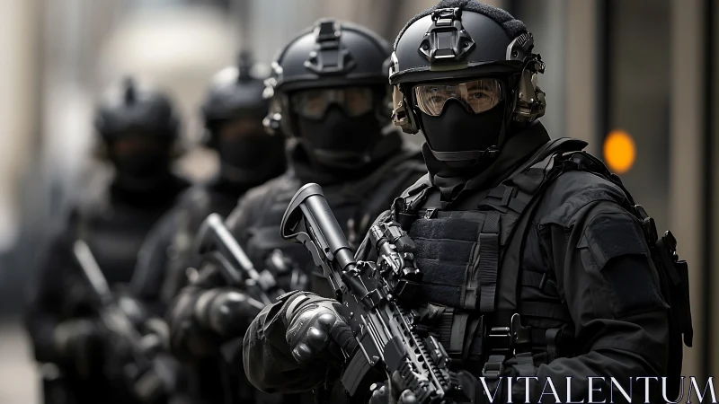 Tactical police unit stands ready in full black armor gear.