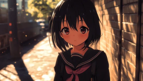 Sunlit schoolgirl portrait in narrow golden alleyway.