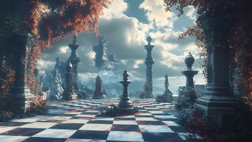 Epic floating chess terrace frames stormlit fantasy skyline.