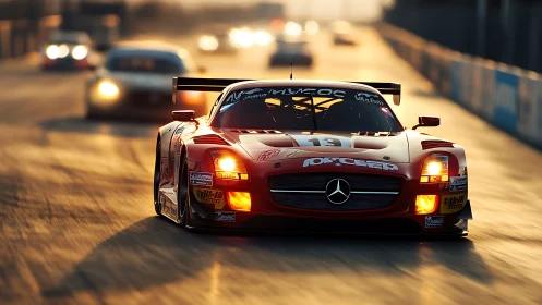 Mercedes race car charges through sunset-lit circuit in focus