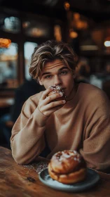 Cozy cafe moment with a sweet treat and soft golden light.