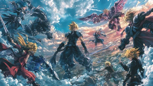 Sword-split skies swirl as mirrored warriors flood the clouds