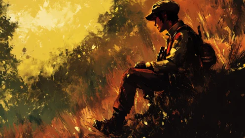 Firefighter engaged in wildfire suppression operations amid dense smoke and flame