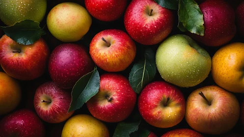 Mixed red and green apples fill frame with visible water droplets