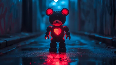 Glowing robot bear with heart in neon alley at night.