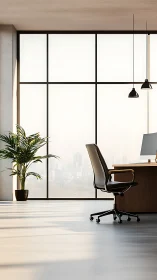 Sunlit minimal office throne waits beside sky-high windows