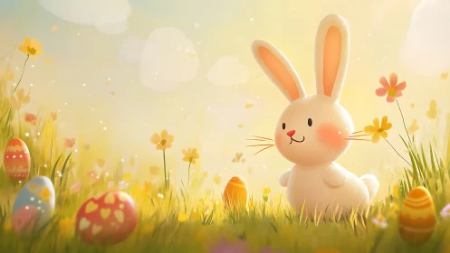 Cute plush bunny explores sunlit meadow with Easter eggs