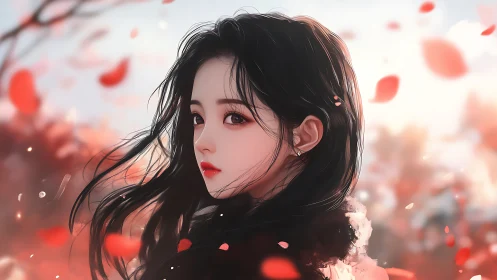 Autumn gaze drifts through crimson leaves and quiet light.