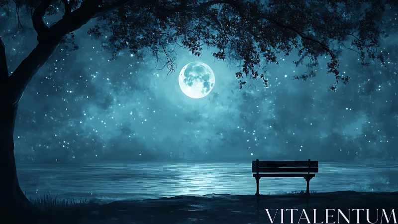 Moonlit lakeside bench under tree branches reflects starlight