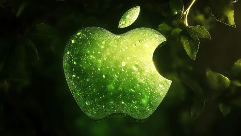 Luminous dew-soaked apple emblem glowing in forest hush.
