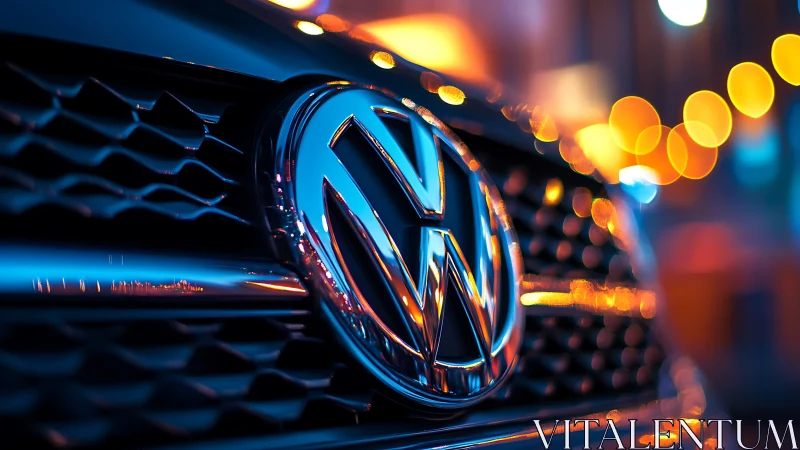 Chrome car emblem basking in neon city bokeh glow.