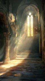 Sunlit stone nave with stained glass window and steps.