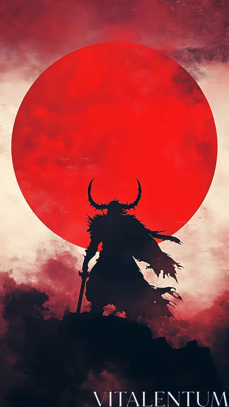 Silhouetted horned warrior before monumental crimson solar disc.