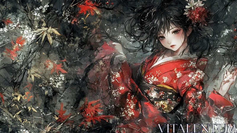 Kimono-clad girl reclines in swirling autumn floral storm