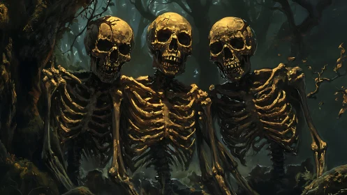 Three human skeletons standing closely in dark forest setting.