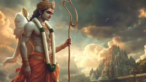 Divine warrior deity strides before a sunlit celestial temple