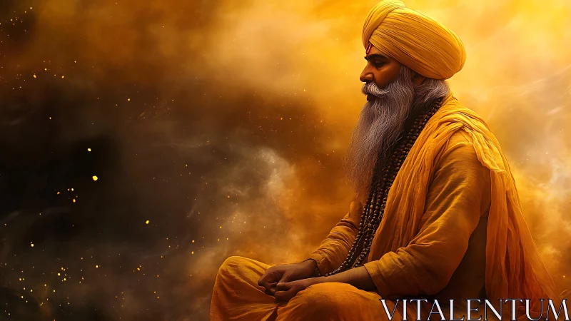 Meditative elder in saffron robes against luminous astral haze