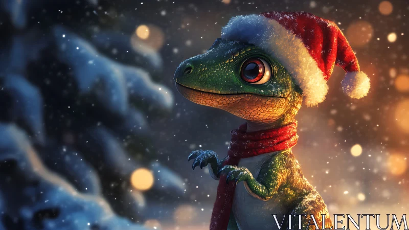 Festive micro-raptor in snowfall with high-gloss 3D texturing.