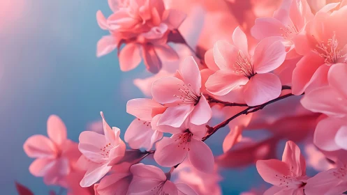 Pink Cherry Blossoms Floating on Serene Blue Backdrop