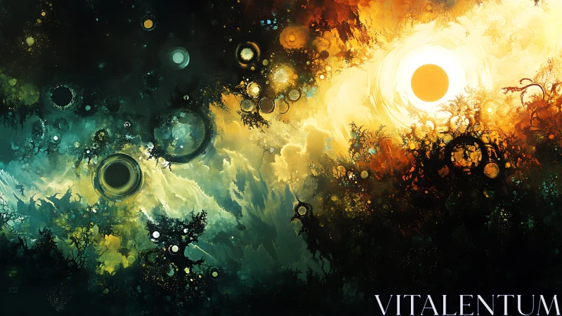 Contrasting circular light forms structure abstract layered field