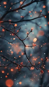Frozen tree branches intersect with warm defocused light orbs