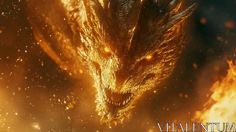 Fiery dragon head emerging through glowing embers and fire.