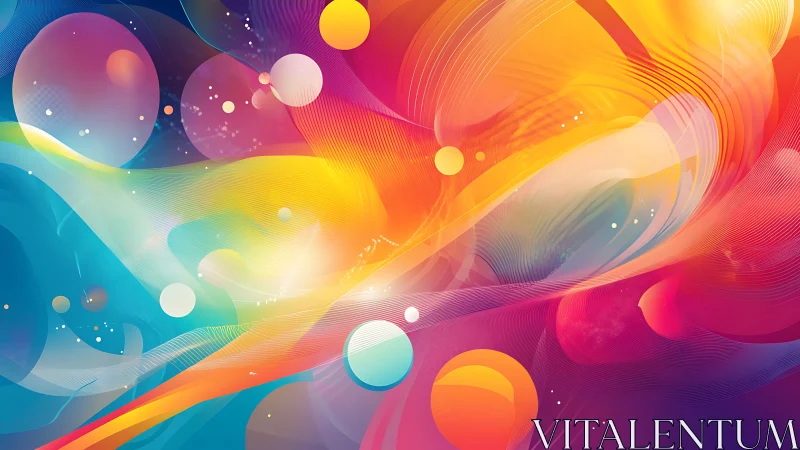 Abstract gradient waves intersect with floating circular forms