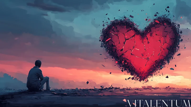 Solitary dreamer beneath a shattering dusk-lit heart sky.