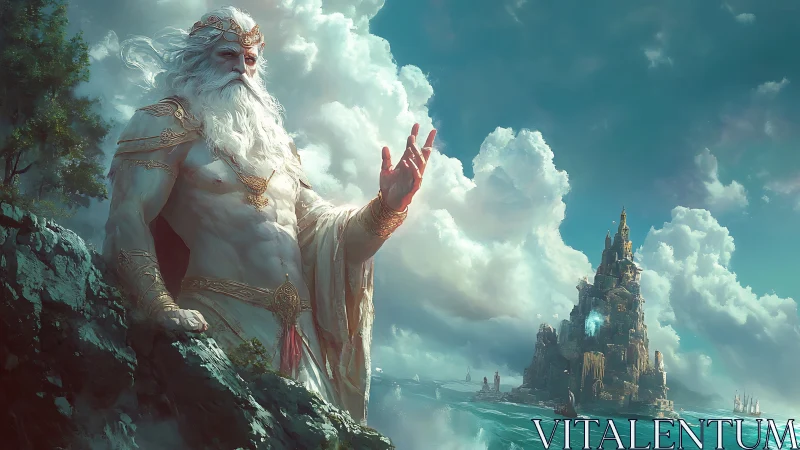 Colossal sea deity overlooks fortified ocean citadel under storm clouds