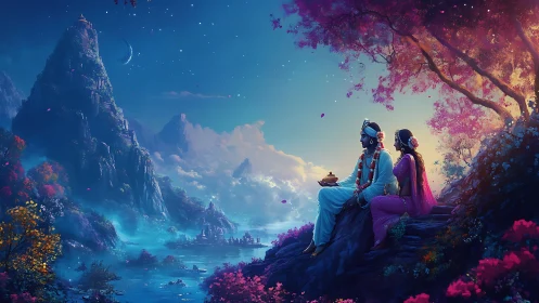 Digital landscape rendering employs luminescent color grading with architectural fantasy mountain fo